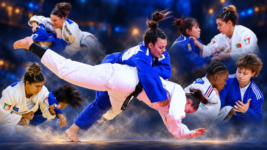 Collage of female judoka in blue and white judogi during throwing and gripping exchanges against a dark blue background.