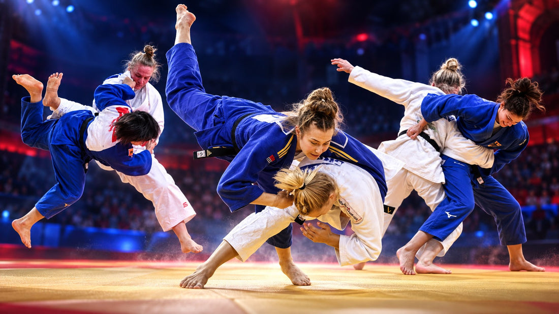 A composite image shows female judoka in blue and white judogi executing throws against a red and blue arena background.