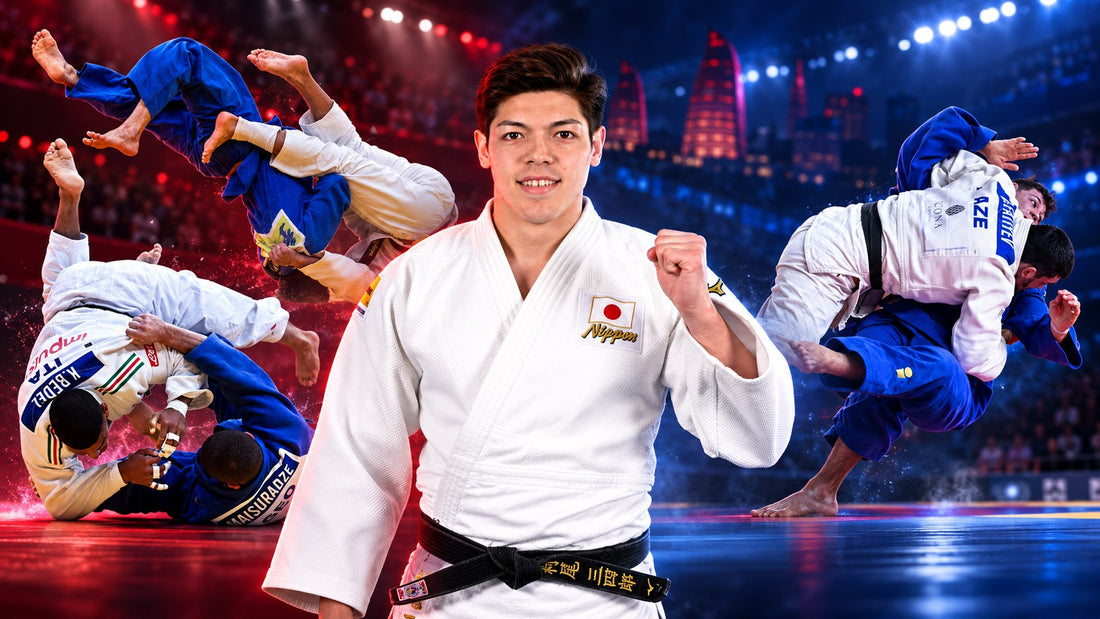 A judoka in a white gi with a Japanese flag patch poses with a raised fist, surrounded by action images of judo throws.