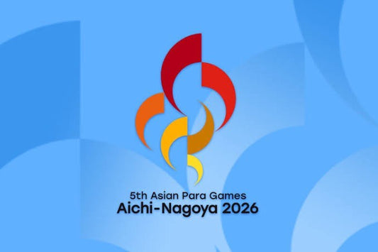 Colourful abstract emblem above text reading 5th Asian Para Games Aichi-Nagoya 2026 on a blue background.