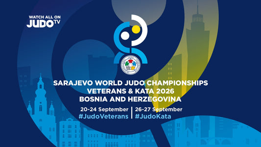 Blue event graphic with a stylised judo emblem, Sarajevo skyline silhouettes and text for the Sarajevo World Judo Championships Veterans and Kata 2026.