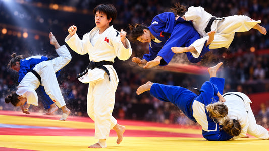 Collage of judoka in white and blue judogi throwing, grappling and celebrating on a yellow and red tatami.