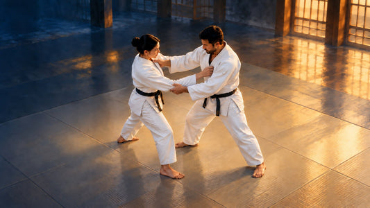 Two judoka in white judogi and black belts practise a standing grip exchange on tatami in a sunlit training space.