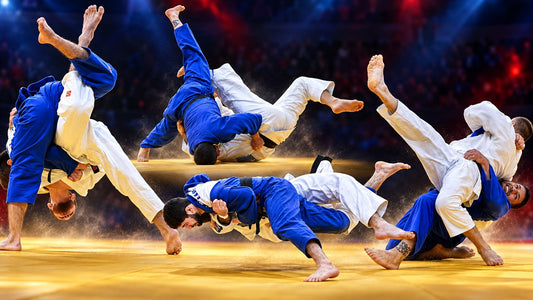 Judoka in blue and white uniforms being thrown and falling across a brightly lit mat against a dark arena-style background.