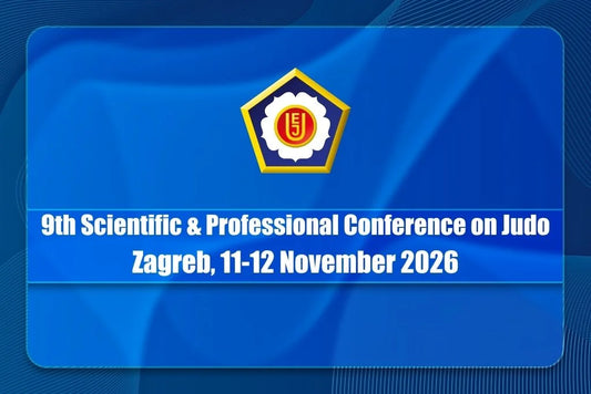 Blue event graphic with a crest and text announcing the 9th Scientific & Professional Conference on Judo in Zagreb.